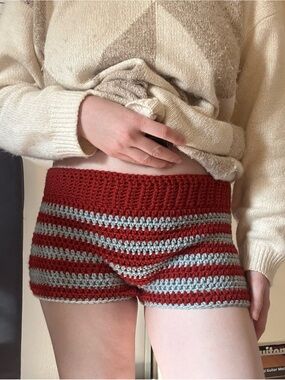 Handmade Crochet Stripe Shorts in Red and light blue
